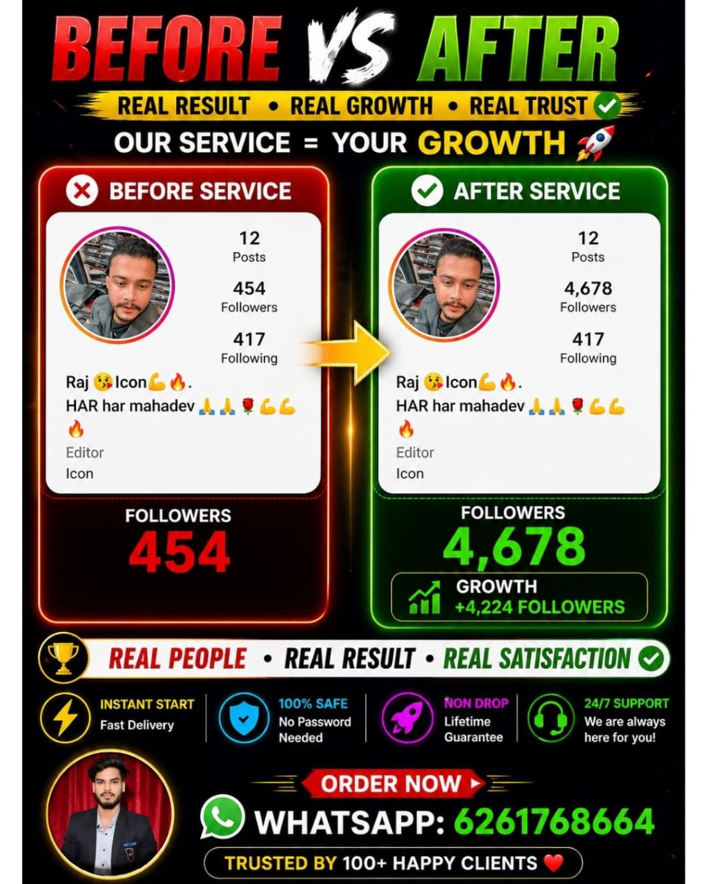 Before and after client proof — grew from 454 to 4,678 followers